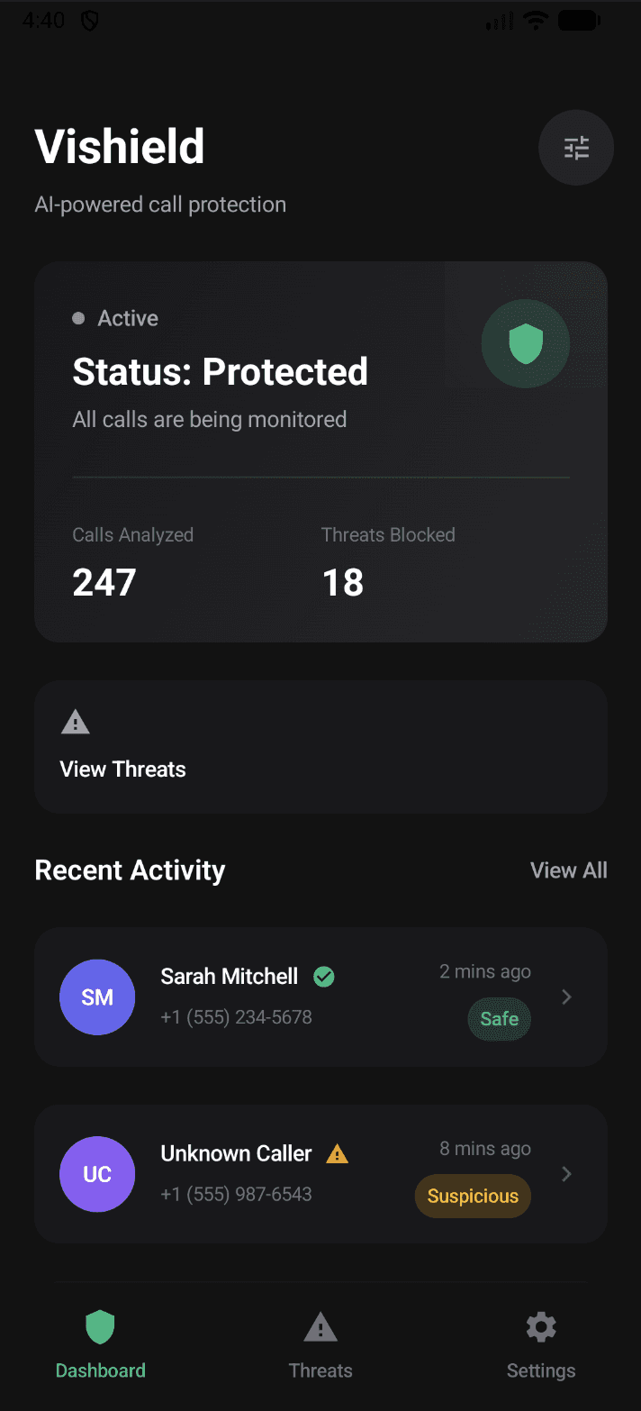 ViShield mobile dashboard showing protected status and recent call activity