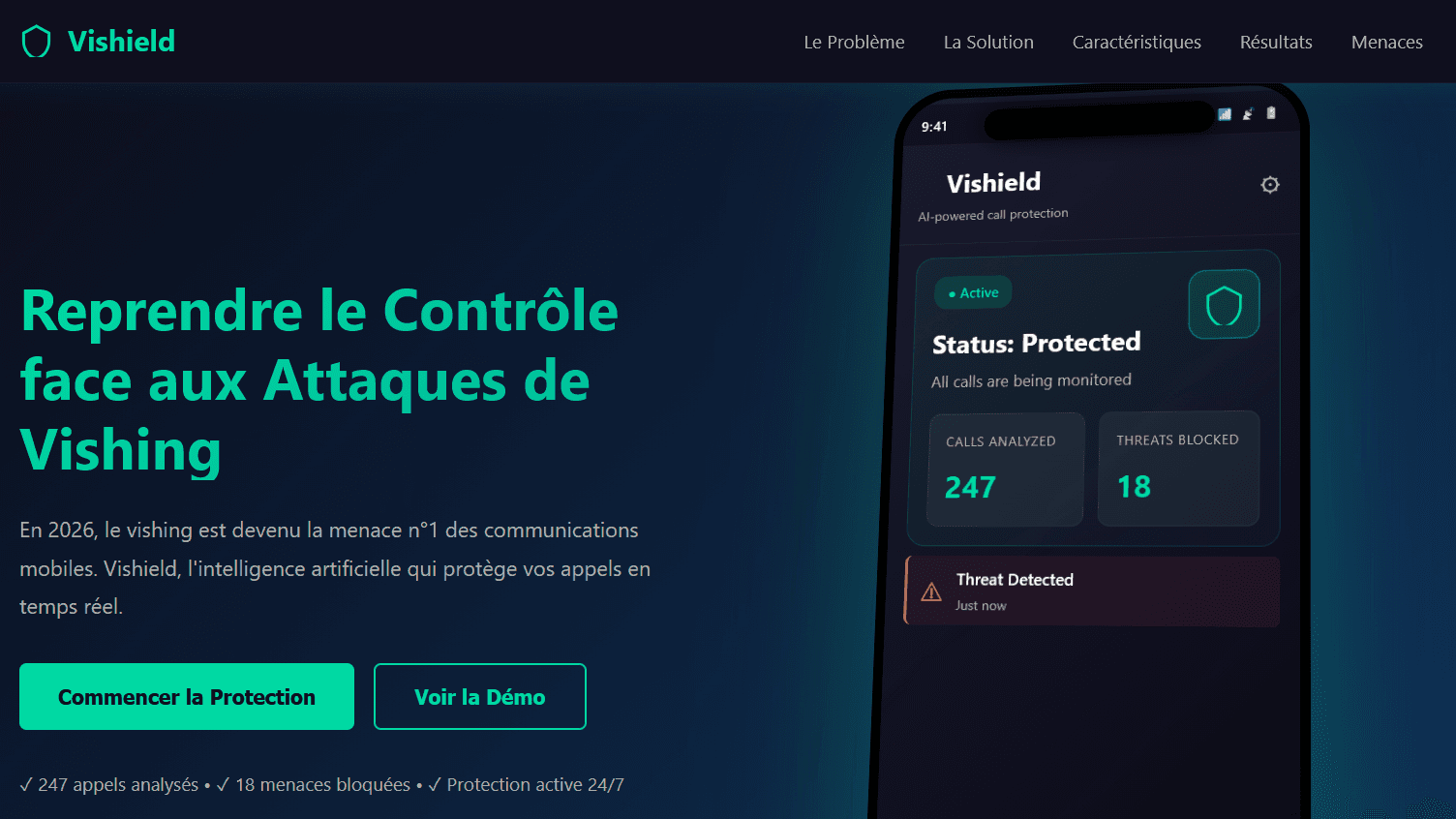 ViShield landing page concept with mobile dashboard mockup