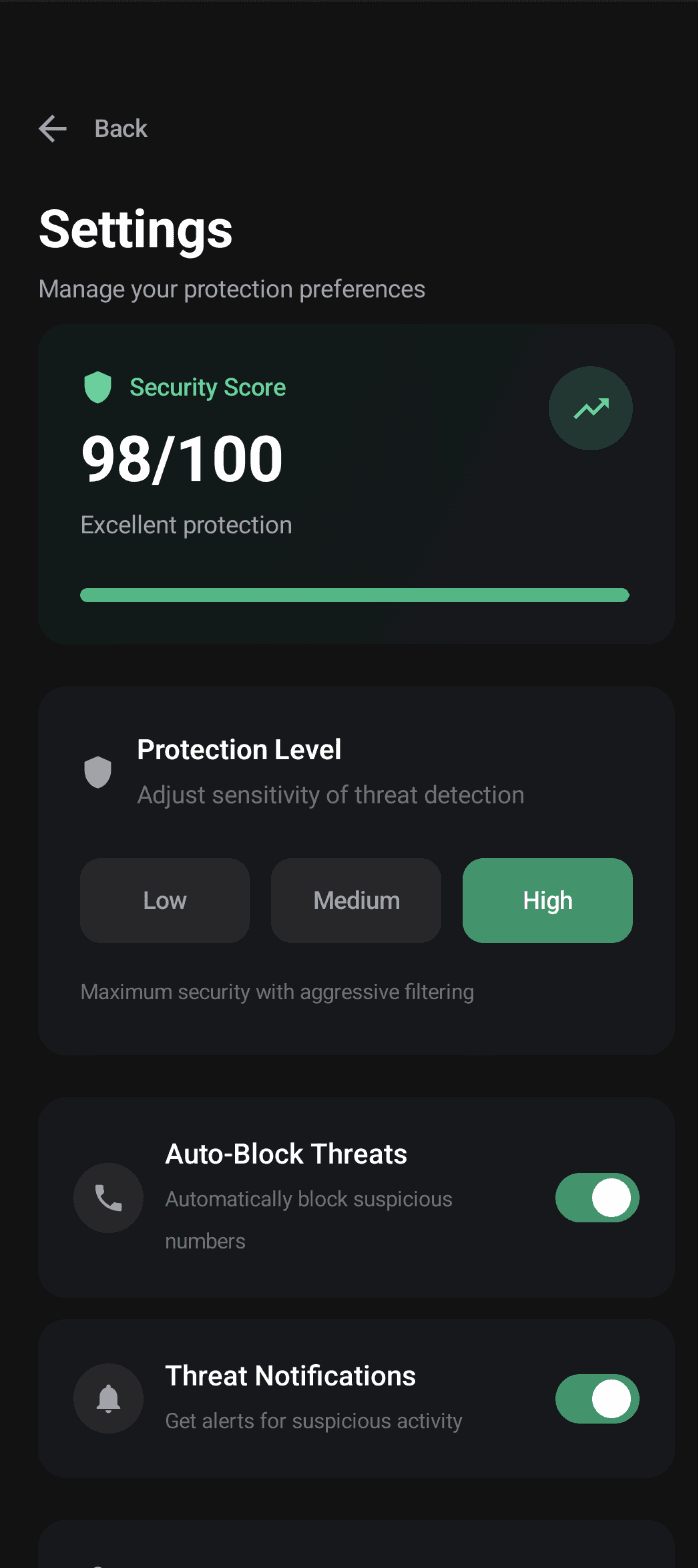 ViShield settings screen with sensitivity level and notification toggles