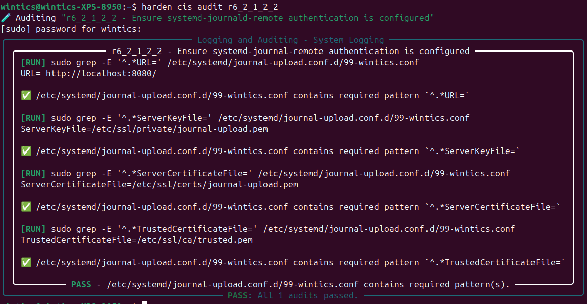 Terminal output showing detailed audit checks for systemd journal remote authentication