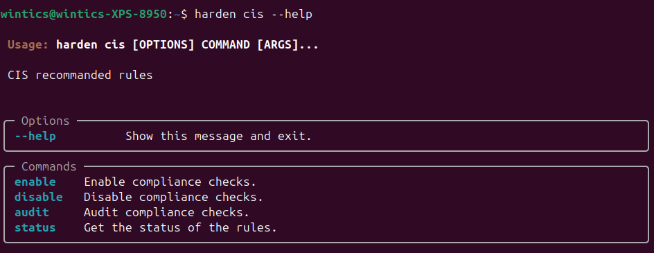 Terminal output showing harden CIS help commands for enable, disable, audit, and status