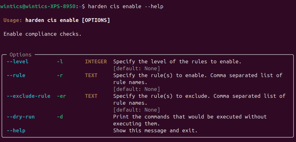 Terminal output showing harden CIS enable options for level, rule, exclude-rule, and dry-run