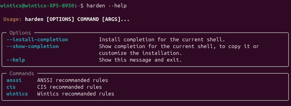 Terminal output showing harden CLI general help with ANSSI, CIS, and Wintics commands