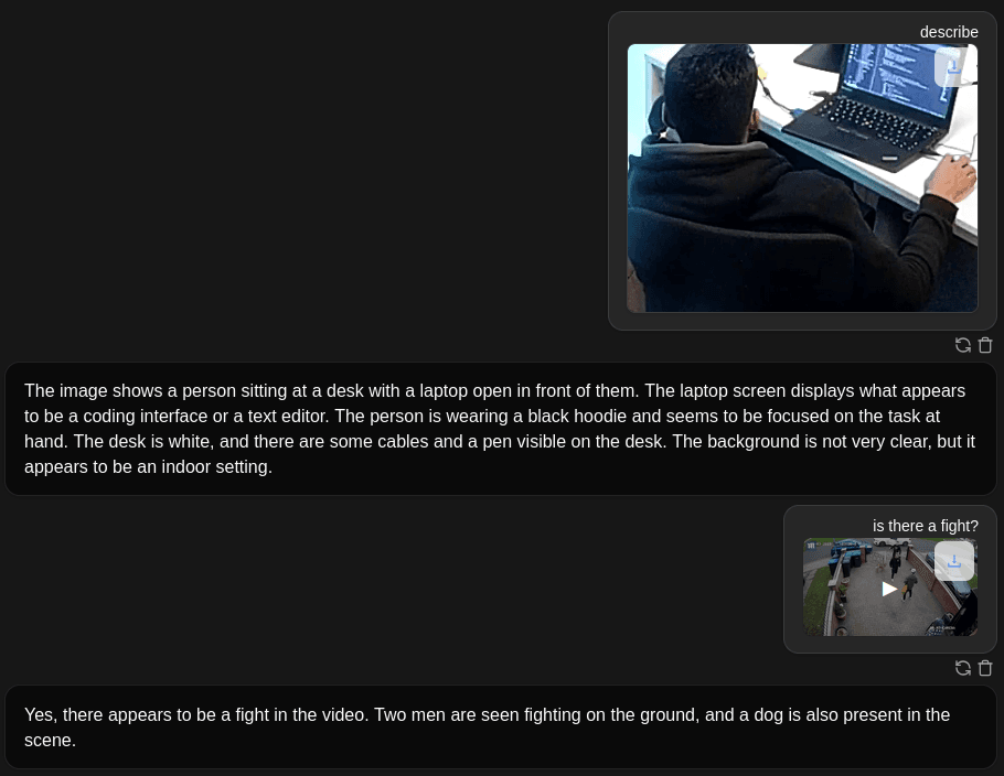 Visionary chat interface showing image and video prompts with multimodal model responses